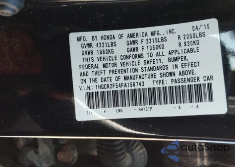 2015 Honda Accord Sport из США, поврежденный, VIN 1HGCR2F54FA156743